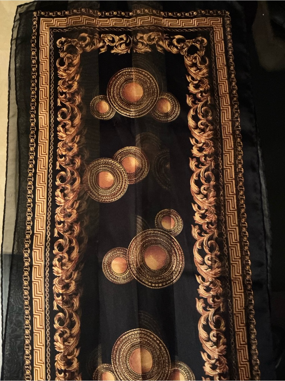 Decorative Sheer Black and Gold Baroque Scarf -